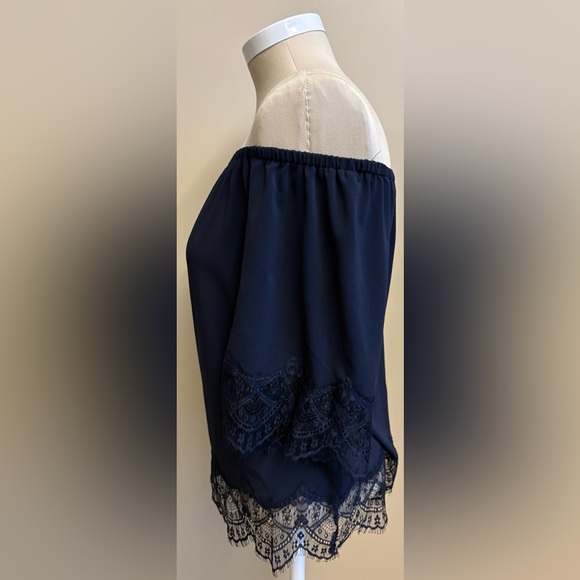Banana Republic Blue Blouse Lace trimmed 3/4 sleeve off the shoulder Top Small - Picture 4 of 9